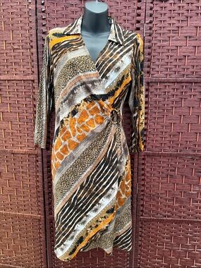 Glamour Animal-Print Midi Wrap Dress in Brown & Orange